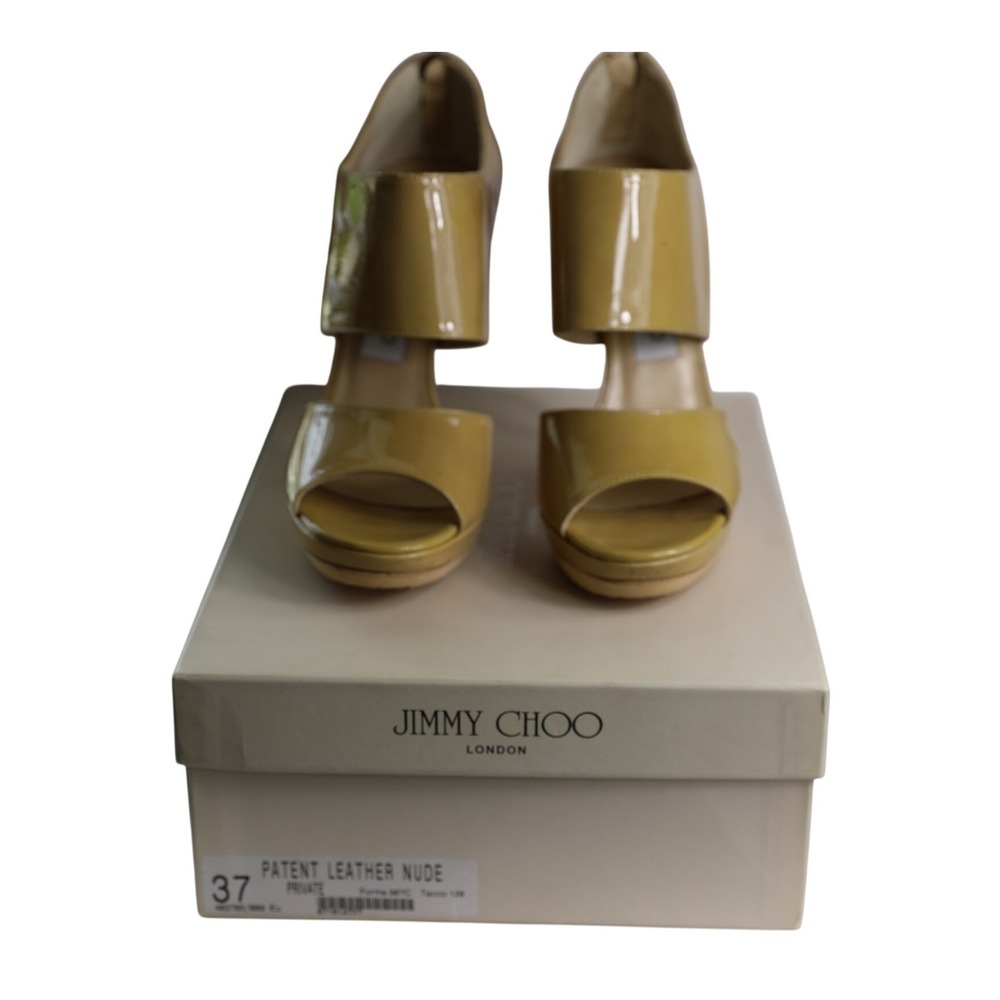 Jimmy Choo Private Patent‎ Leather Platform Sandals Nude Yellow Heels Size 37